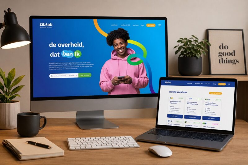 Een pagina van liblab.nl op desktop met daarnaast het overzicht van de laatste vacatures