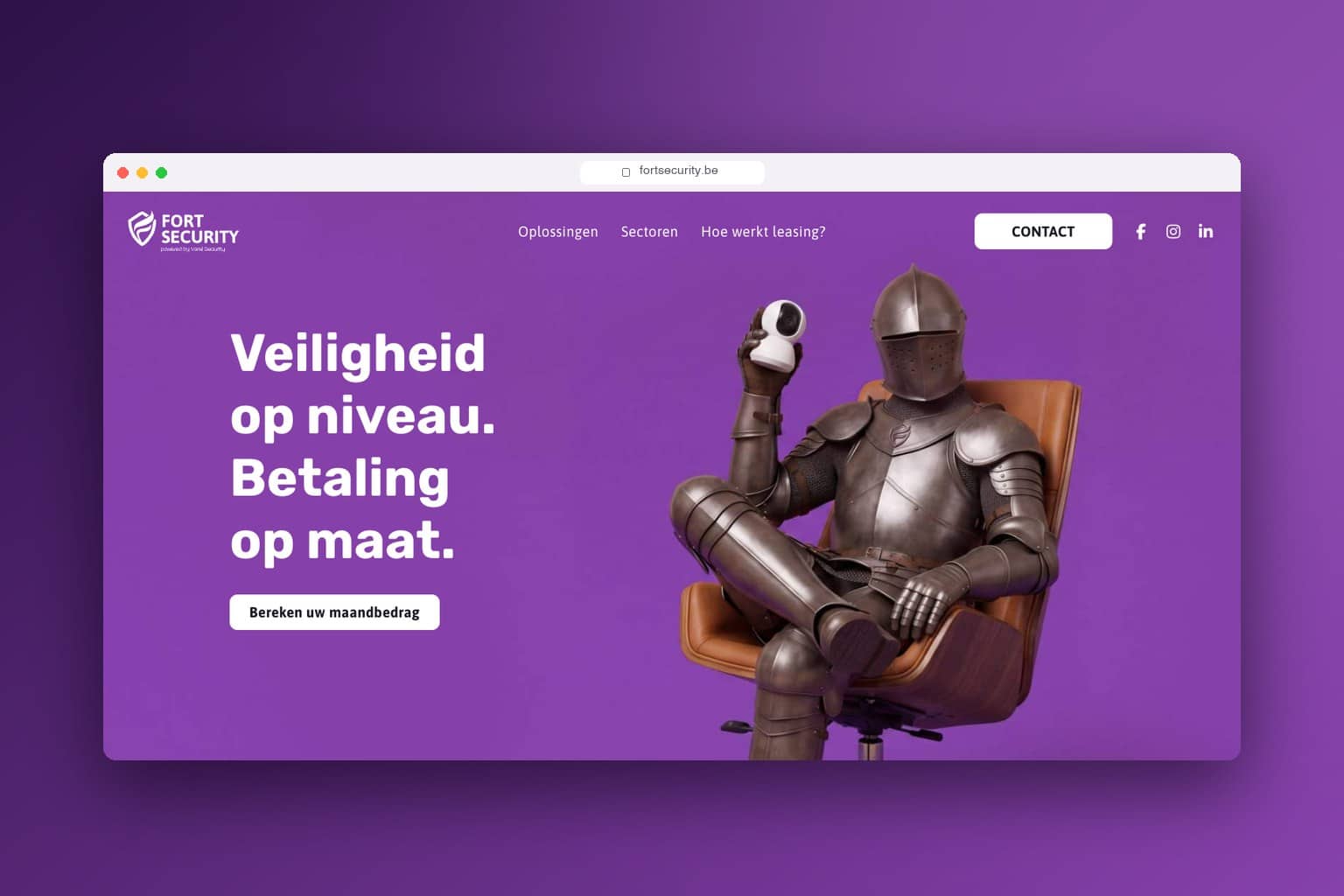 Homepage van fortsecurity.be met ridder in bureaustoel en de slogan Veiligheid op niveau, betaling op maat