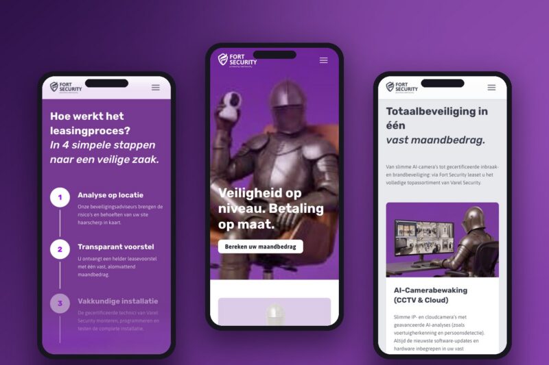 Mobiele weergave van fortsecurity.be op drie smartphones: homepage, leasingproces en oplossingen