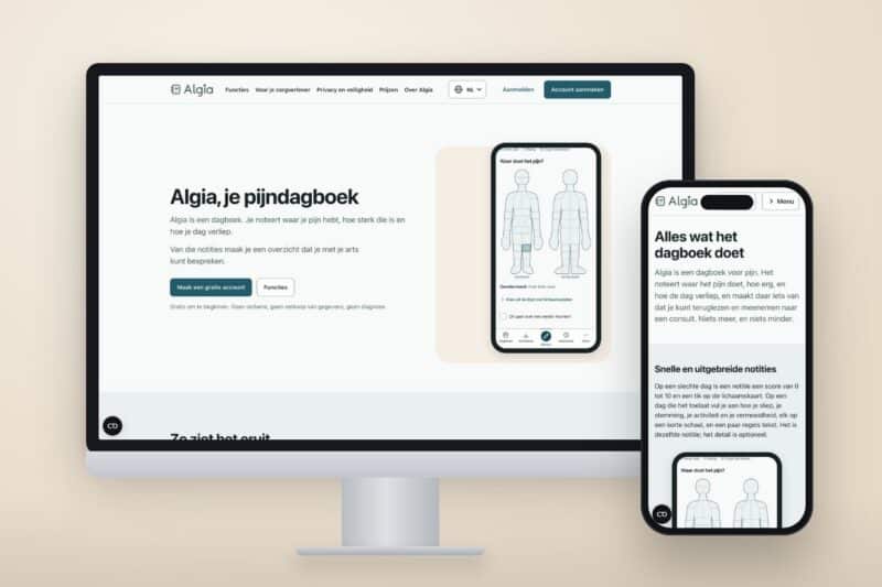 De homepage van algia.be op een scherm en een telefoon