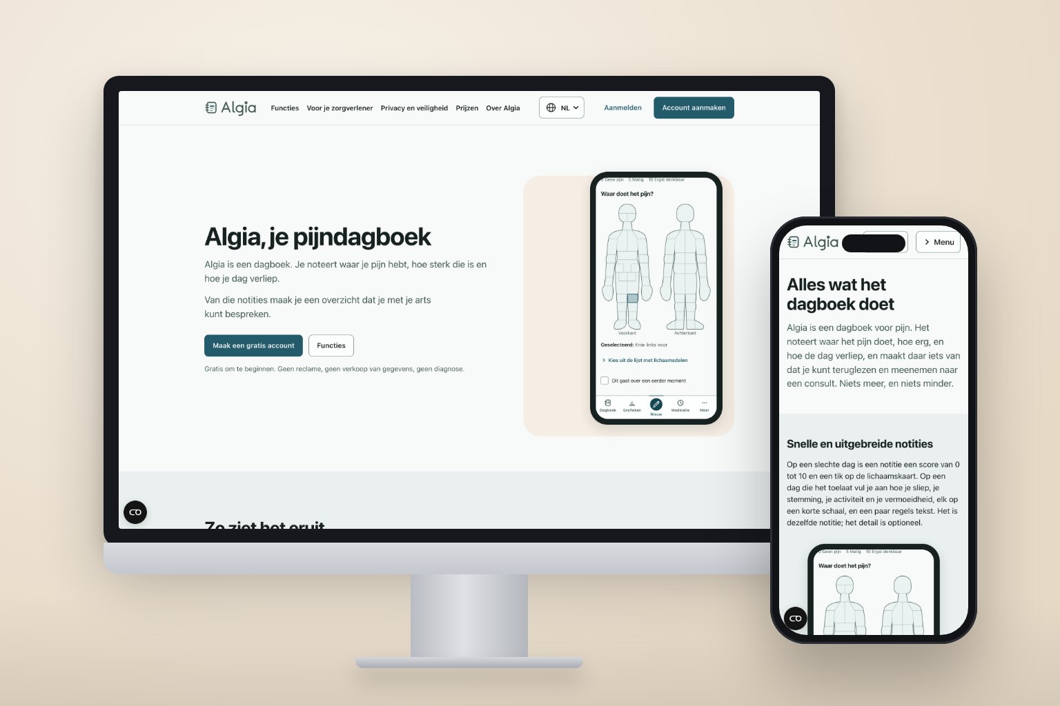 De homepage van algia.be op een scherm en een telefoon