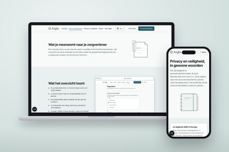 De pagina voor zorgverleners en de pagina over privacy van algia.be
