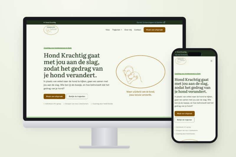 De homepage van hondkrachtig.be op een scherm en een telefoon