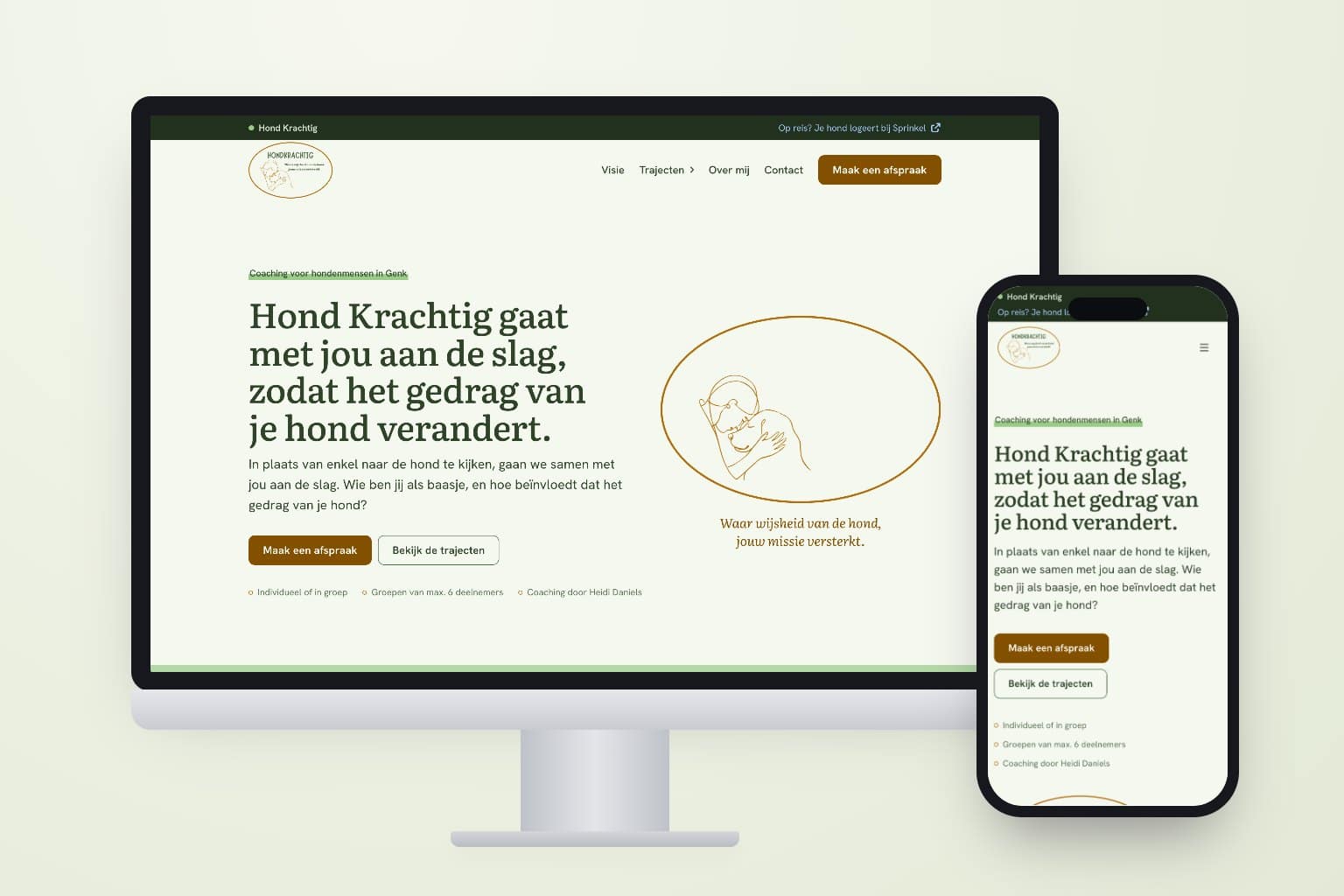 De homepage van hondkrachtig.be op een scherm en een telefoon