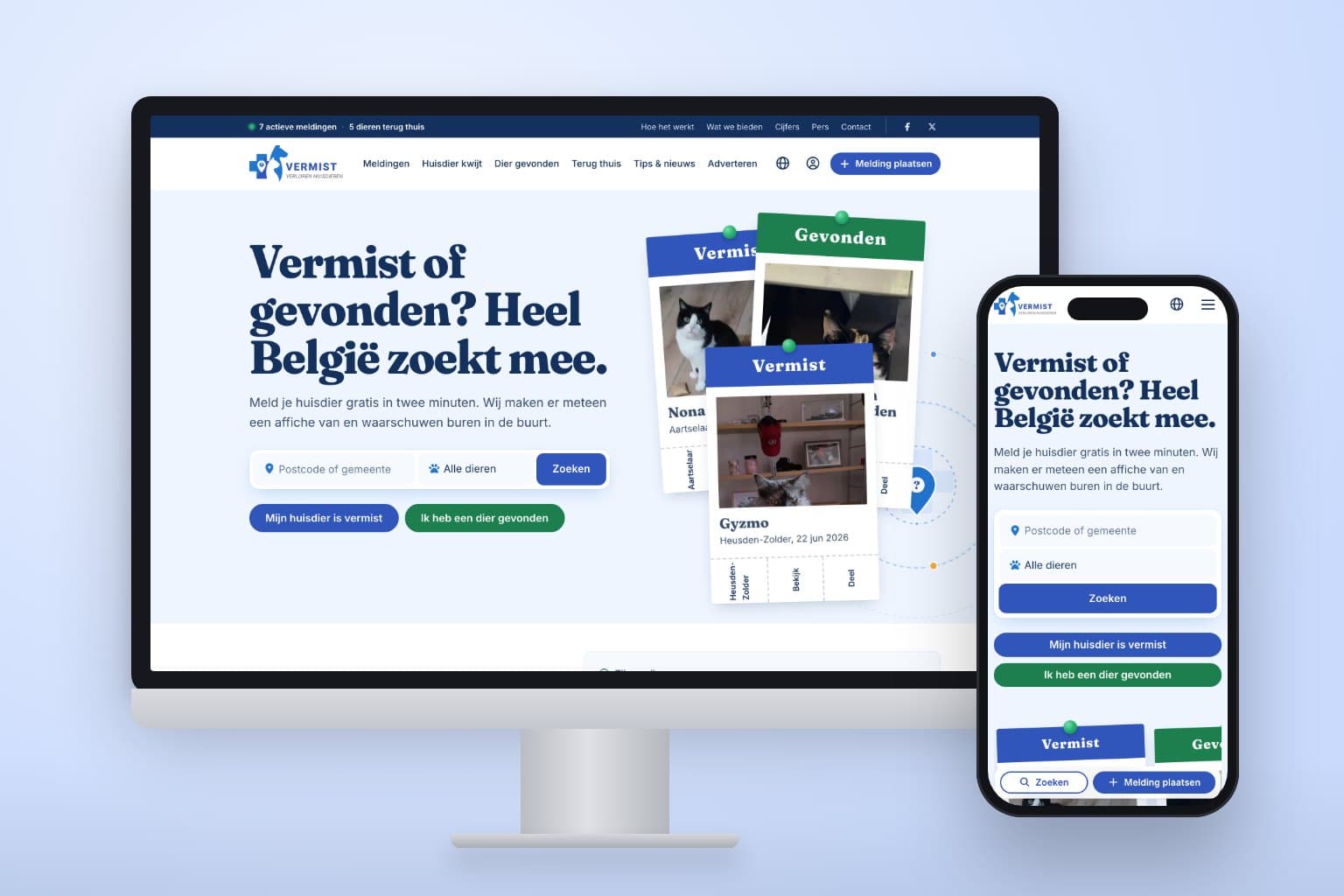 De homepage van ikbenvermist.be op een scherm en een telefoon