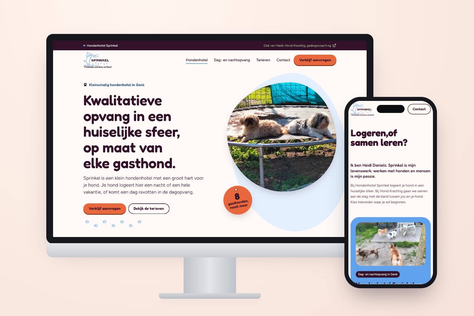 De pagina van Hondenhotel Sprinkel op een scherm en de startpagina van sprinkel.be op een telefoon